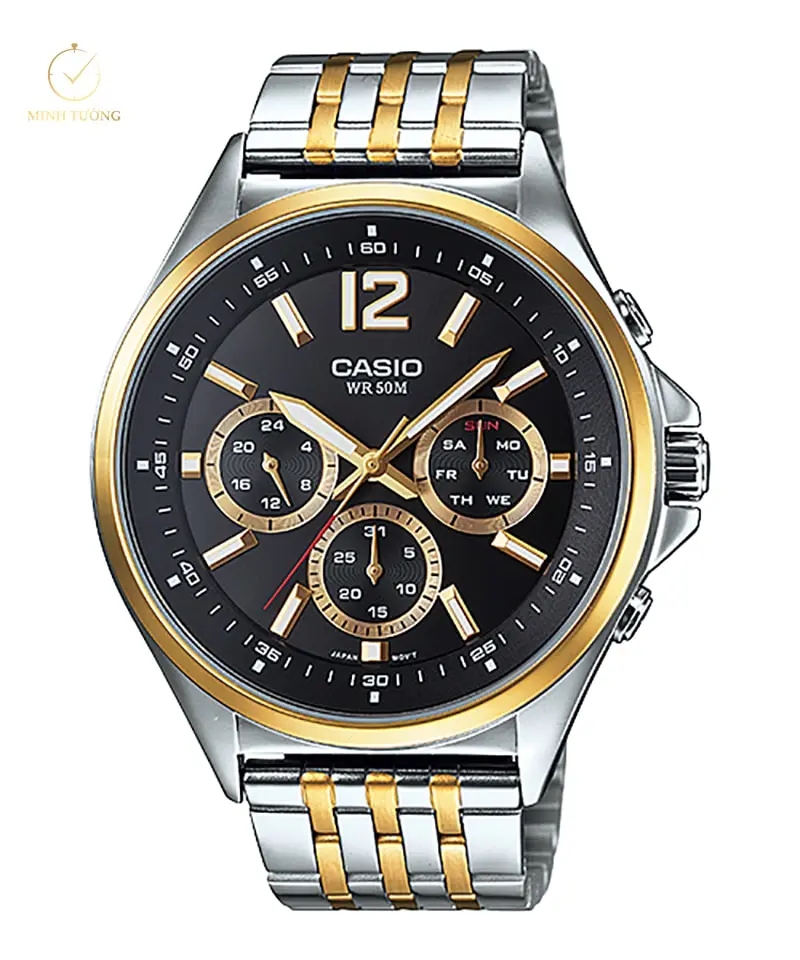 Đồng hồ Casio MTP-E303SG-1AVDF quà tặng sinh nhật chồng lý tưởng với dây demi vàng trắng