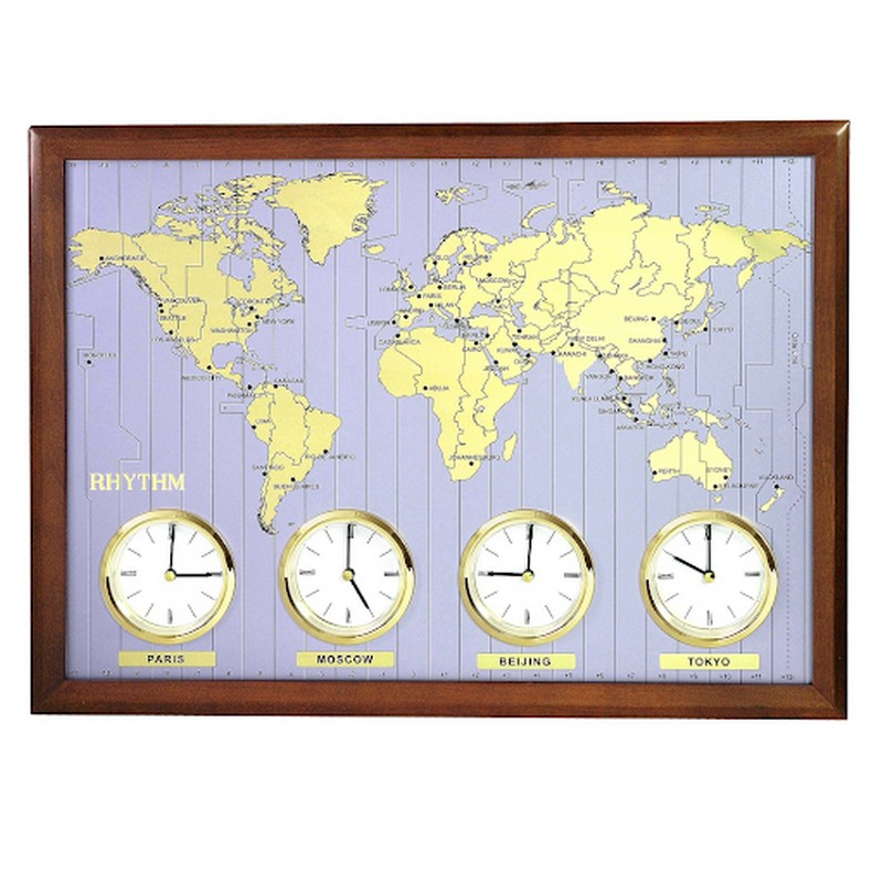 Mẫu đồng hồ RHYTHM CMW902NR06 bản đồ thế giới với bốn đồng hồ con.